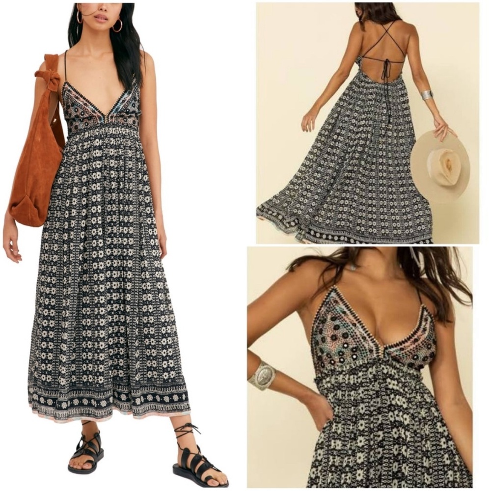 Free People Good Vibes Geometric Print Beaded Sequin Triangle Top Maxi Dress - Picture 9 of 16